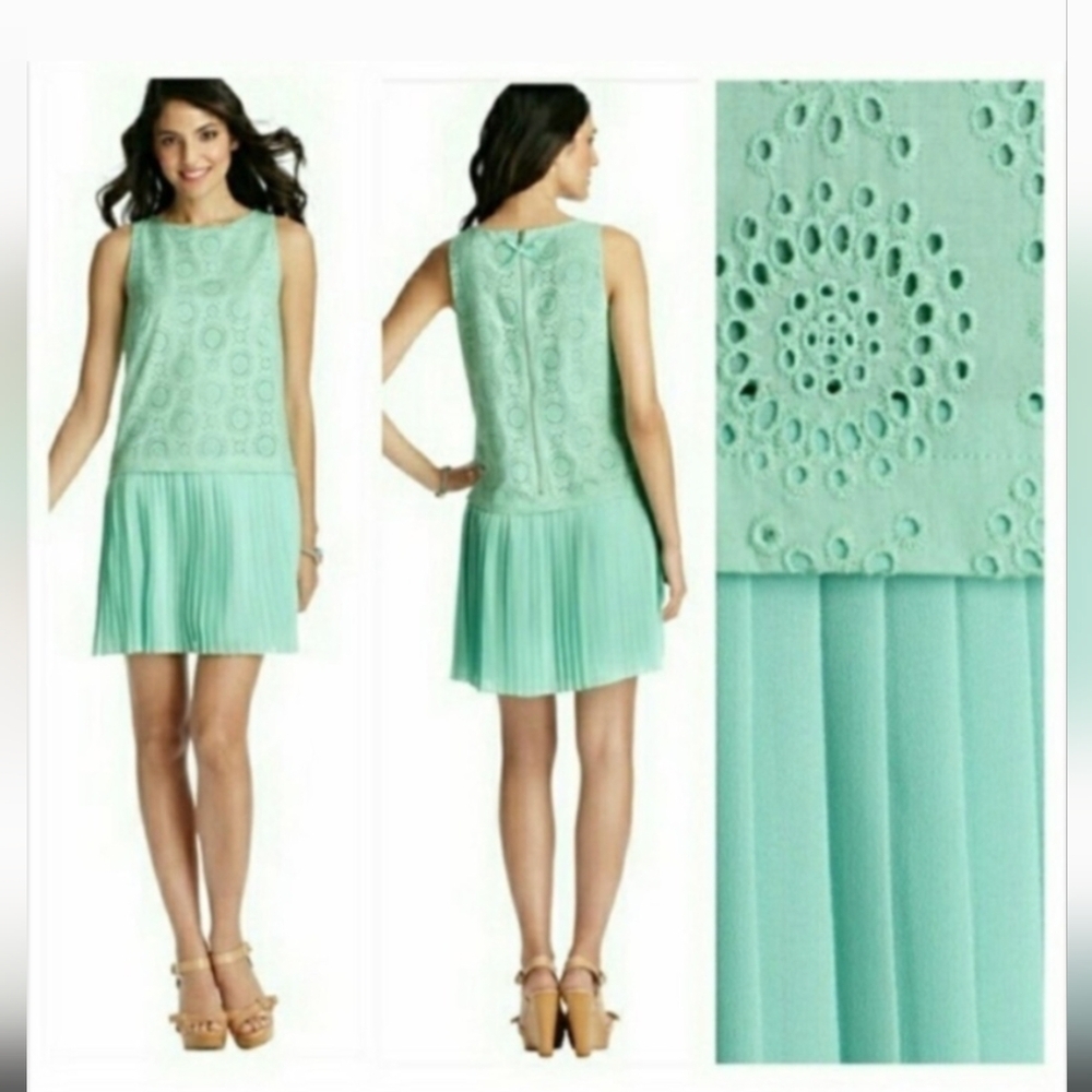 Ann Taylor Loft Eyelet Mint Green Mini Dress Drop Waist Pleated Hem Size 4